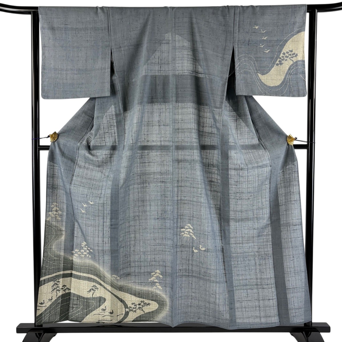 付下げ 身丈157.5cm 裄丈63cm S 単衣 紬地 松 流水 ぼかし 青灰色 正絹 名品 【中古】