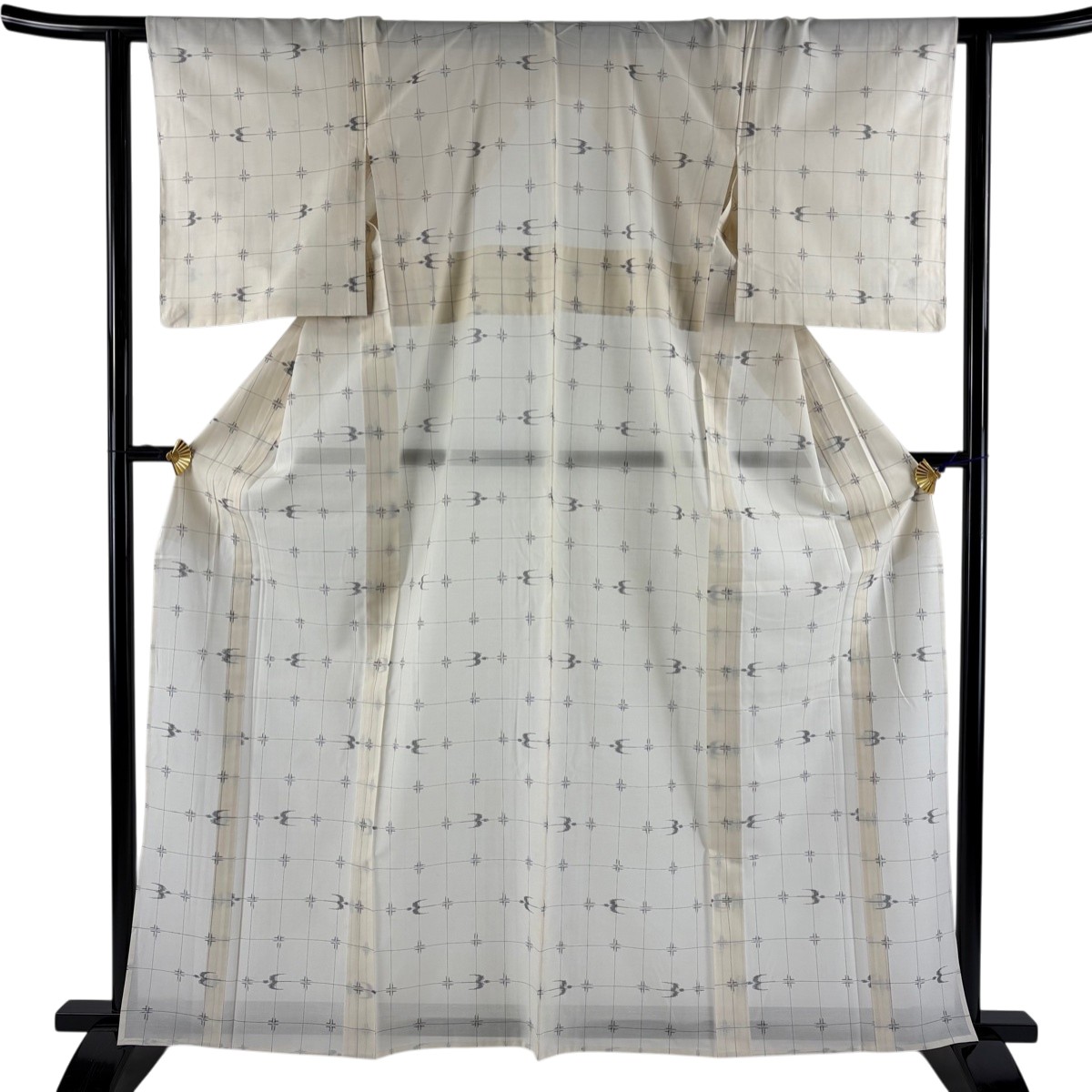 【美品】 紬 身丈164cm 裄丈63cm S 薄物 夏紬地 燕 格子 クリーム 正絹 名品 【中古】