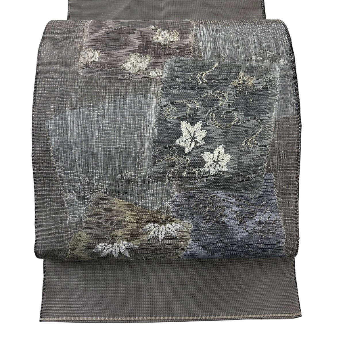 袋帯 秀品 夏帯 関西仕立て 色紙 草花 銀糸 灰茶 お太鼓柄 正絹 【中古】
