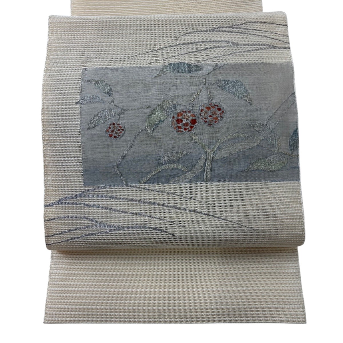 【美品】 名古屋帯 秀品 夏帯 絽 八寸名古屋帯 松葉仕立て 枝花 金銀糸 ベージュ 正絹 【中古】