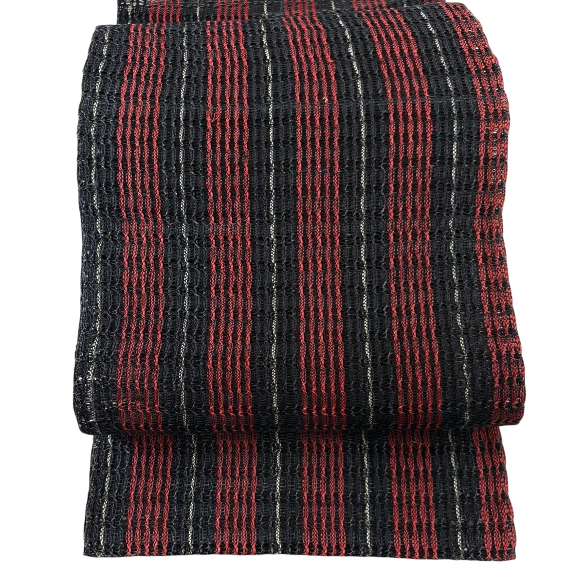 【美品】 名古屋帯 秀品 夏帯 八寸名古屋帯 松葉仕立て トンネル仕立て 縞 赤黒 正絹 【中古】
