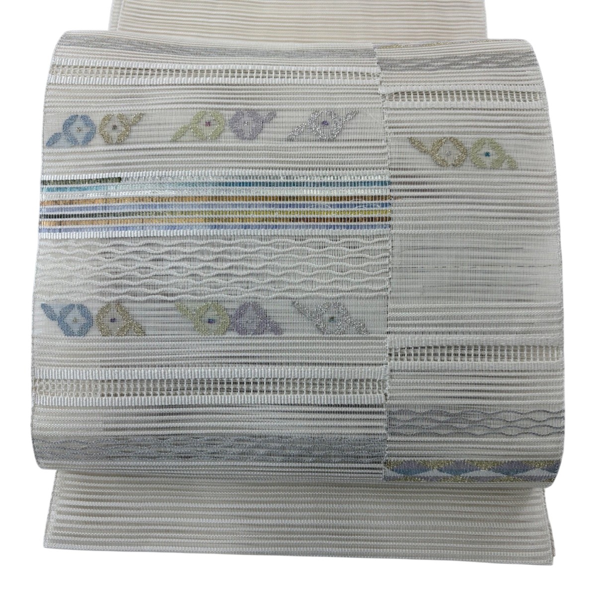 【美品】 名古屋帯 秀品 夏帯 絽 八寸名古屋帯 縞 幾何学模様 金銀糸 箔 ベージュ 正絹 【中古】