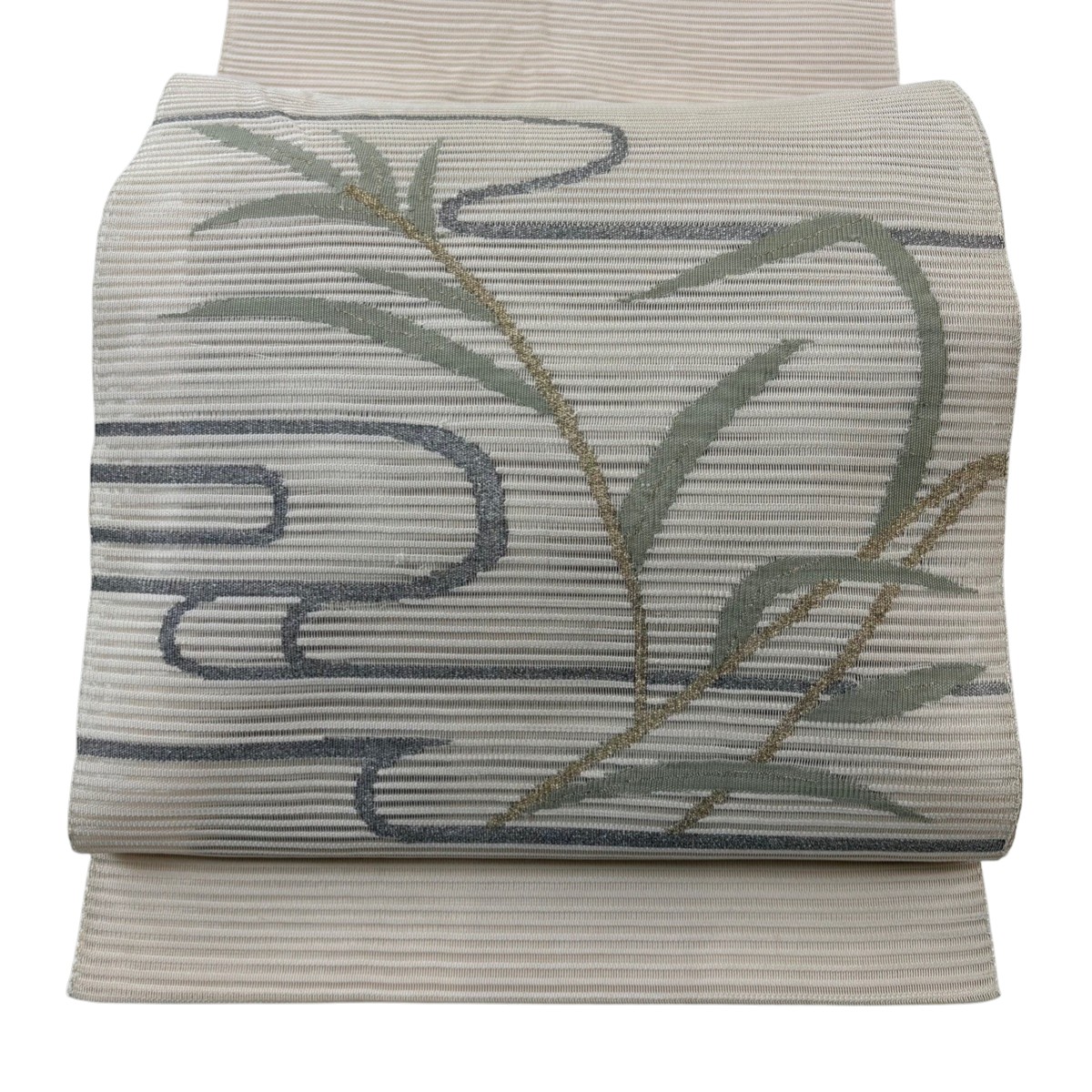 名古屋帯 秀品 夏帯 絽 八寸名古屋帯 松葉仕立て トンネル仕立て 葉柄 流水 金銀糸 ベージュ 正絹 【中古】