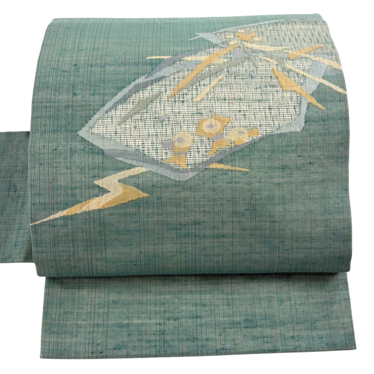 名古屋帯 秀品 夏帯 扇面 童 金銀糸 薄緑 正絹 【中古】