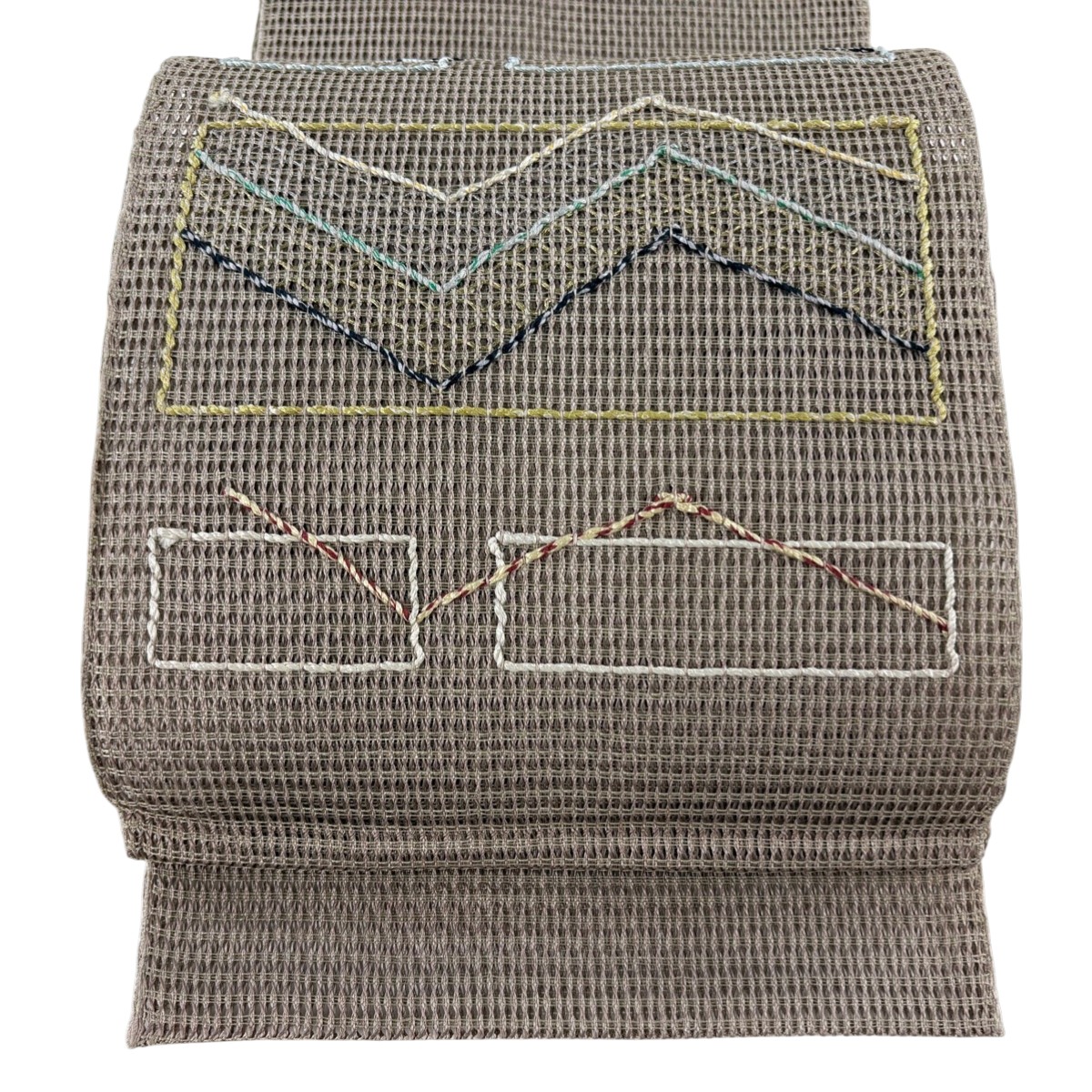 【美品】 名古屋帯 秀品 夏帯 幾何学模様 金糸 薄茶色 正絹 【中古】