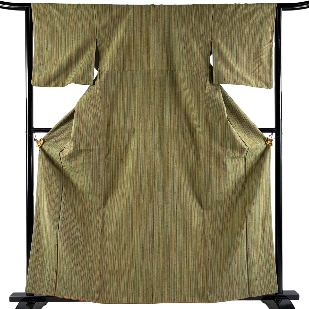 【美品】 紬 身丈162.5cm 裄丈64cm M 袷 縞 鶯色 正絹 秀品 【中古】