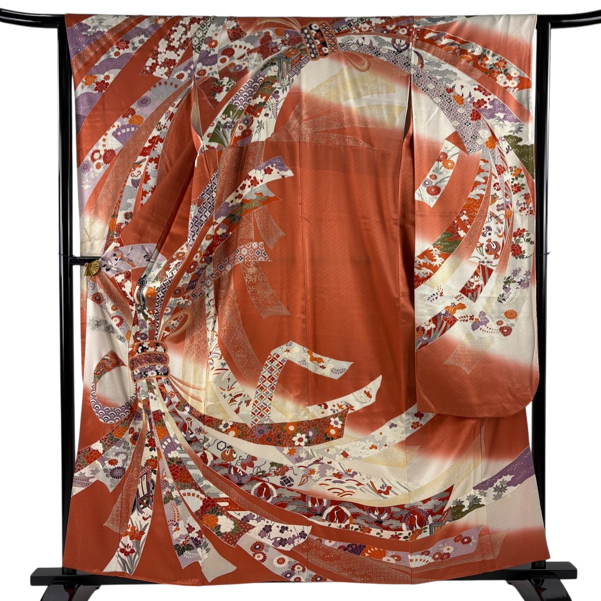 振袖 身丈159.5cm 裄丈63cm S 袷 束ね熨斗 草花 金彩 染め分け 赤茶 正絹 秀品 【中古】