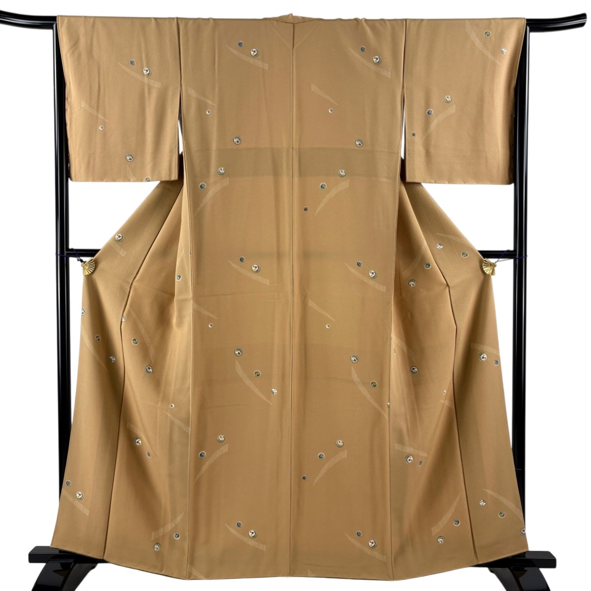 【美品】 小紋 身丈161.5cm 裄丈65cm M 袷 草花 幾何学模様 薄茶色 正絹 秀品 【中古】
