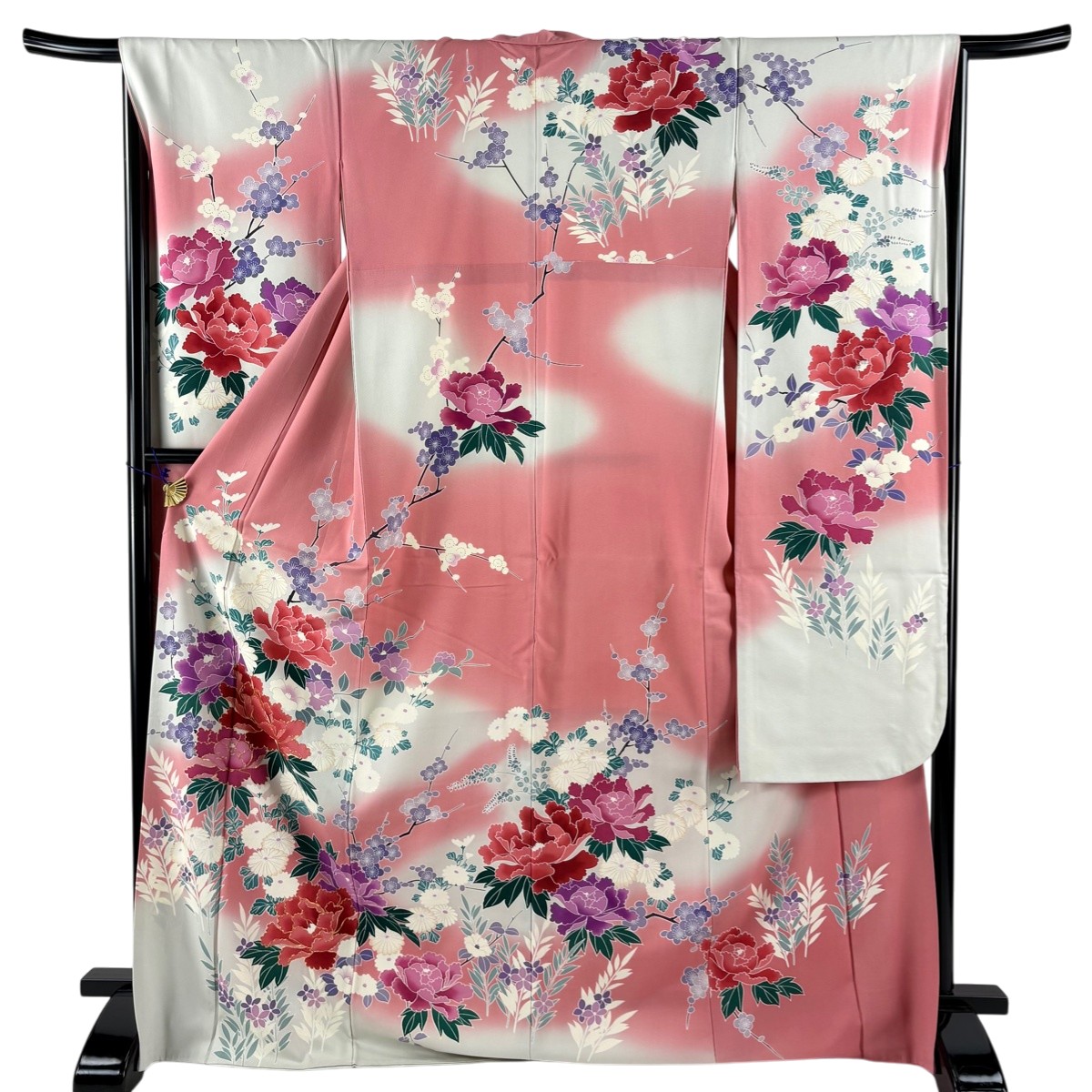 【美品】 振袖 身丈174cm 裄丈66.5cm M 袷 牡丹 枝梅 金糸 ぼかし ピンク 正絹 秀品 【中古】