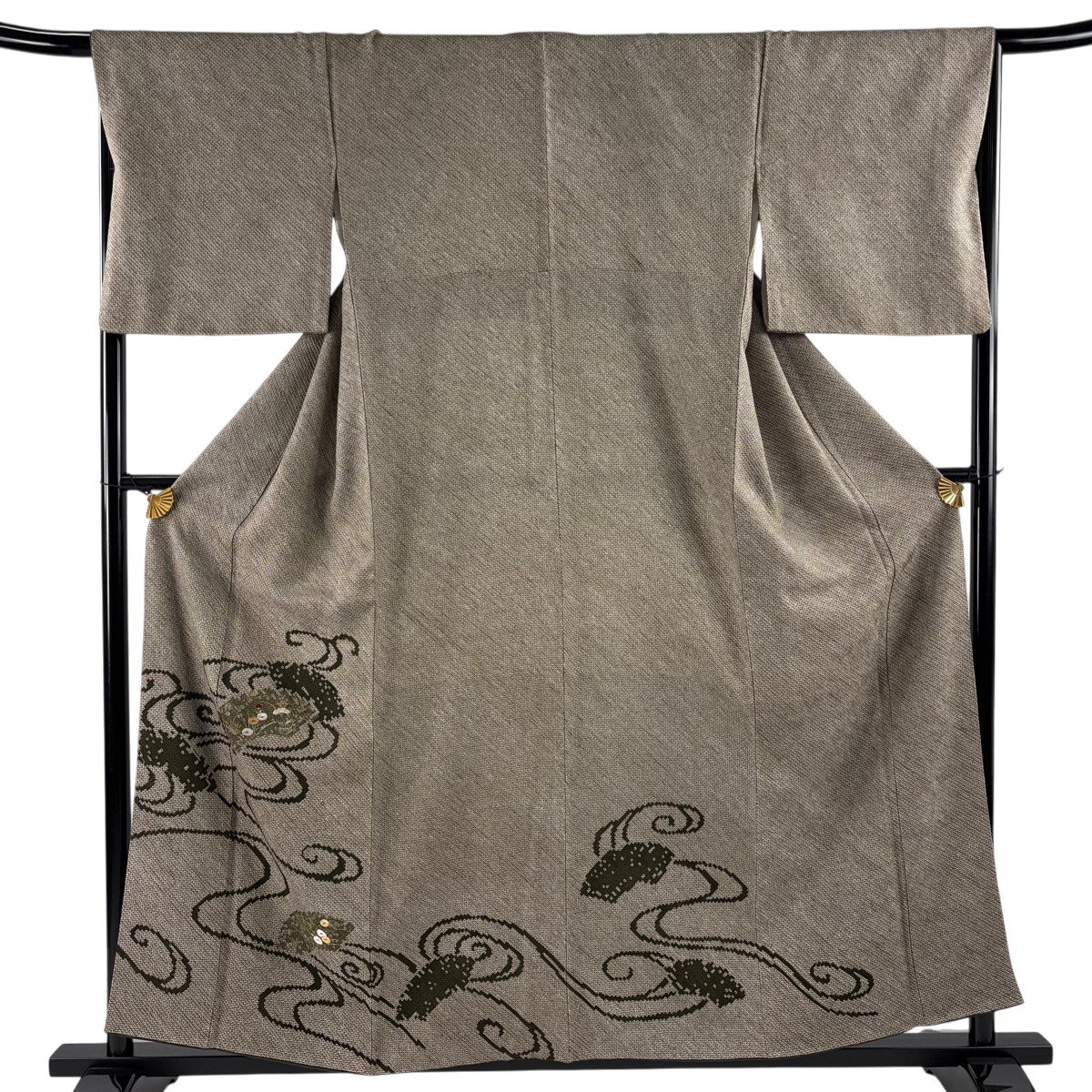 【美品】 付下げ 身丈159cm 裄丈67.5cm L 袷 扇面 草花 刺繍 金糸 茶緑色 正絹 秀品 【中古】