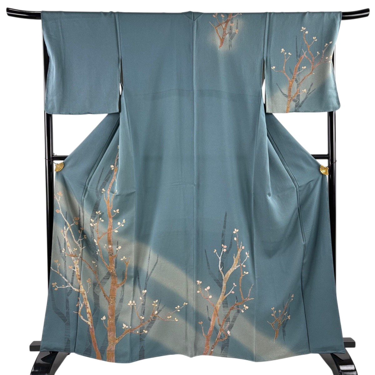 付下げ 身丈164cm 裄丈68.5cm L 袷 枝葉 シルエット 金銀彩 ぼかし 灰緑 正絹 秀品 【中古】