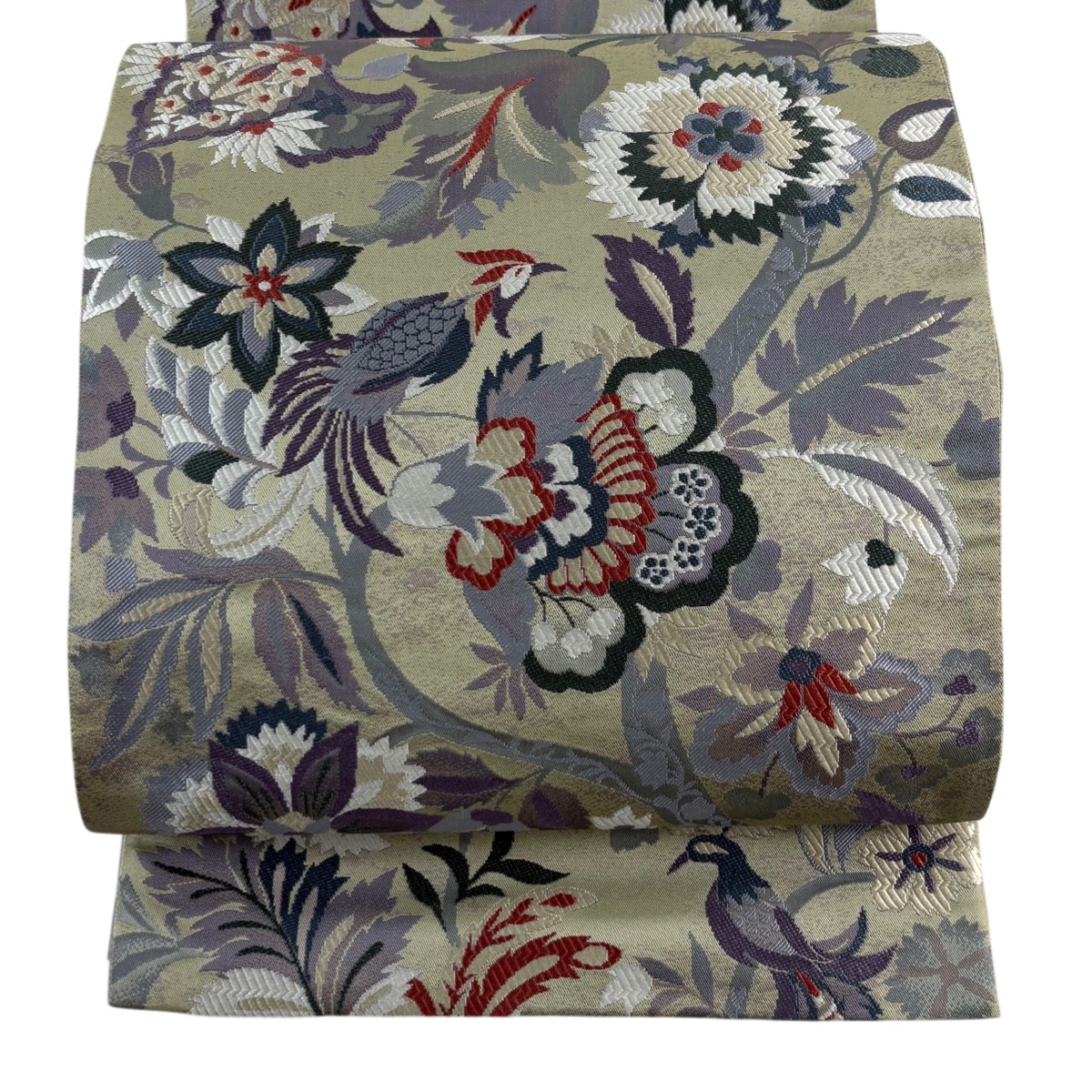 袋帯 名品 枝花 鳥 唐織 灰緑 六通 正絹 【中古】 9,660円