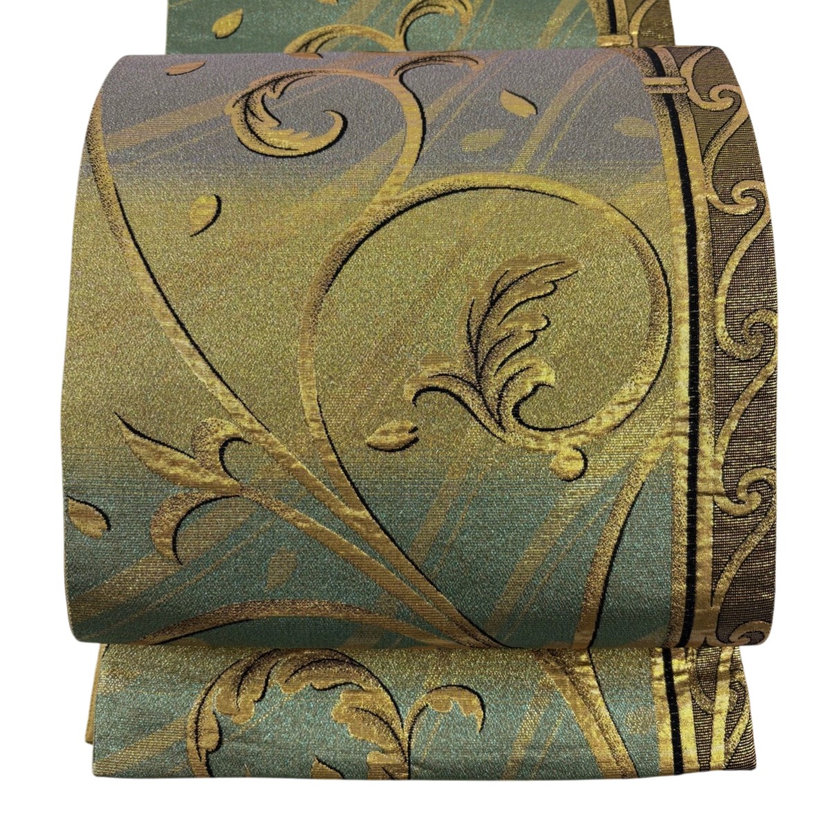 【美品】 袋帯 名品 落款あり 唐草 箔 金糸 金色 六通 正絹 【中古】
