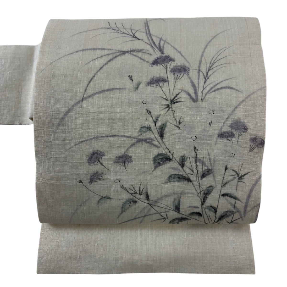 名古屋帯 名品 紬地 夏帯 草花 女郎花 クリーム 正絹 【中古】