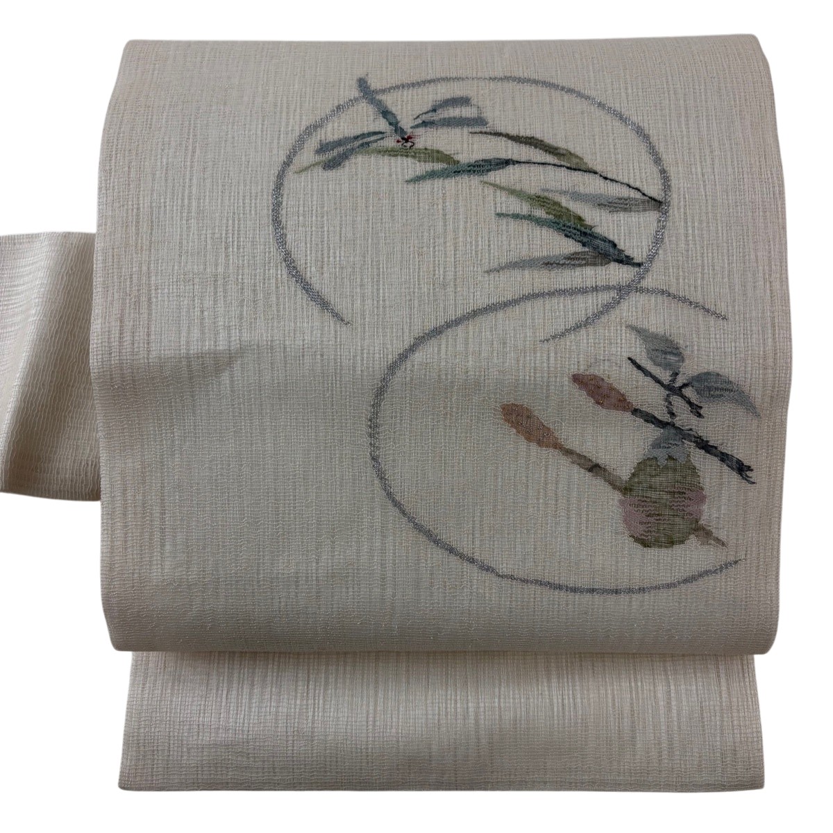名古屋帯 名品 夏帯 トンボ 生り物 金銀糸 クリーム 正絹 【中古】