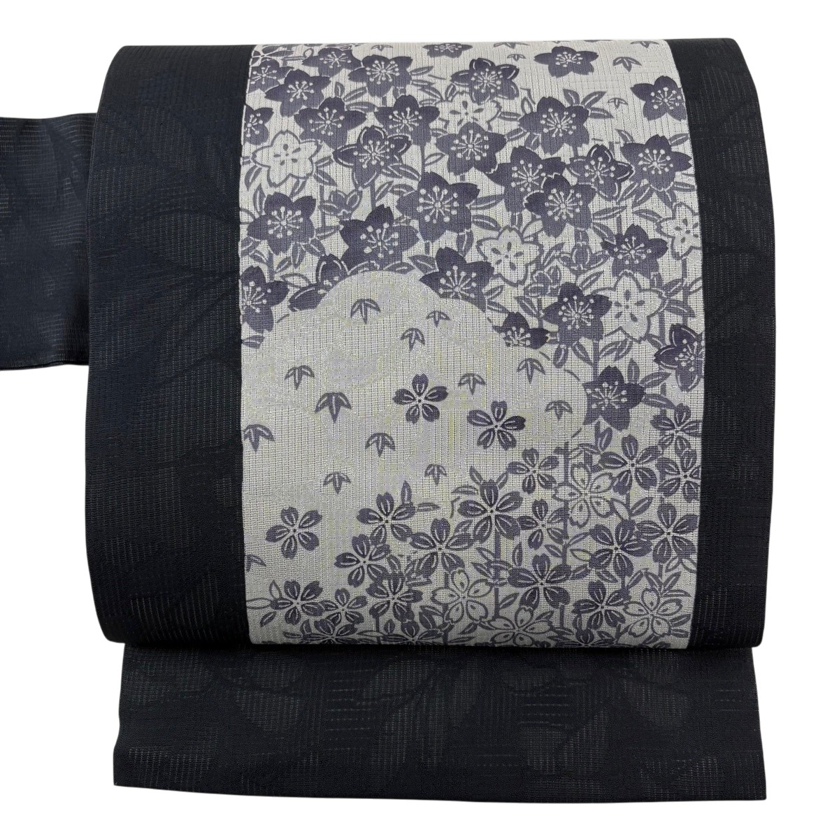 【美品】 名古屋帯 名品 落款あり 夏帯 越後型染 桜 笹 灰紫 正絹 【中古】