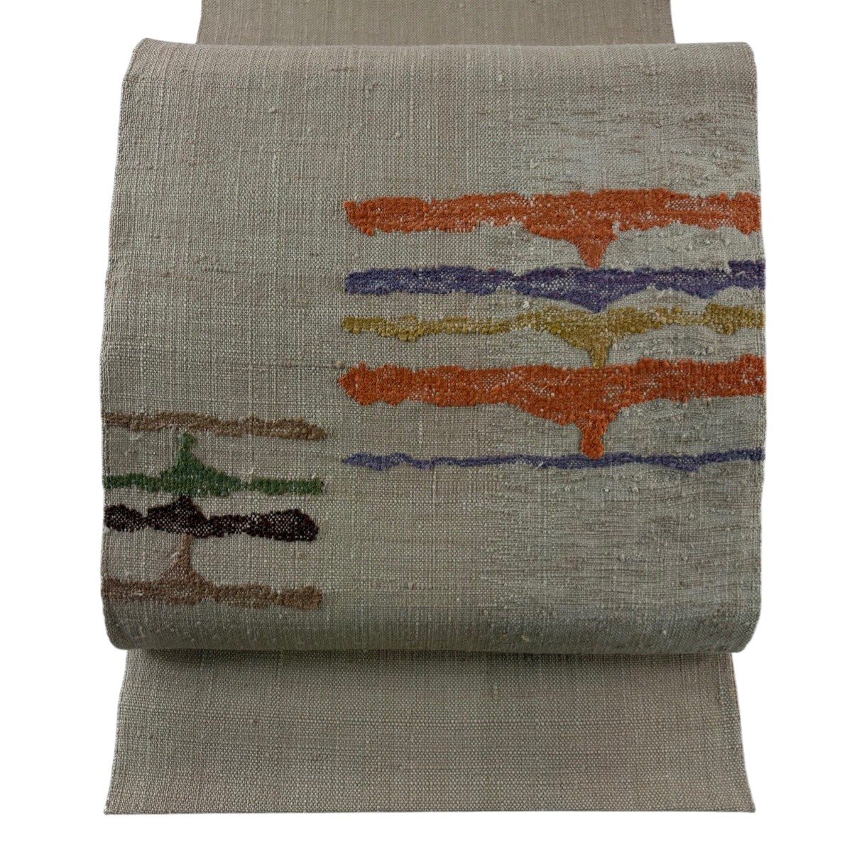 【美品】 名古屋帯 名品 落款あり 八寸名古屋帯 松葉仕立て 幾何学模様 薄茶色 正絹 【中古】