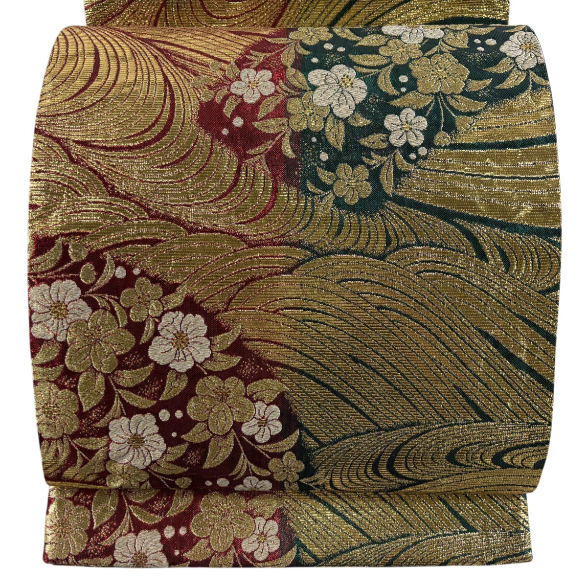 【美品】 袋帯 秀品 振袖向き 波 草花 箔 金糸 金色 六通 正絹 【中古】