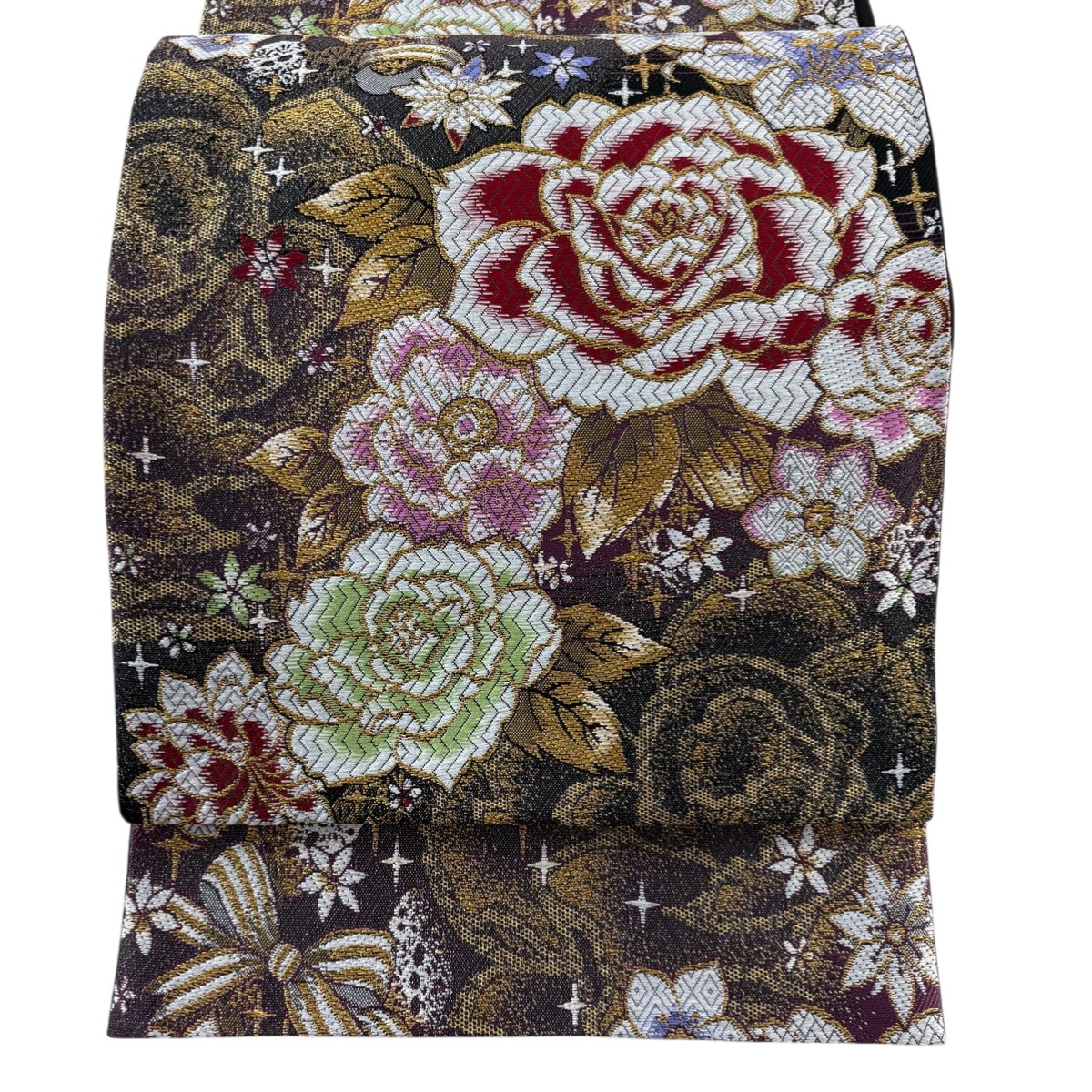 【美品】 袋帯 秀品 薔薇 リボン 金糸 箔 灰紫 六通 正絹 【中古】