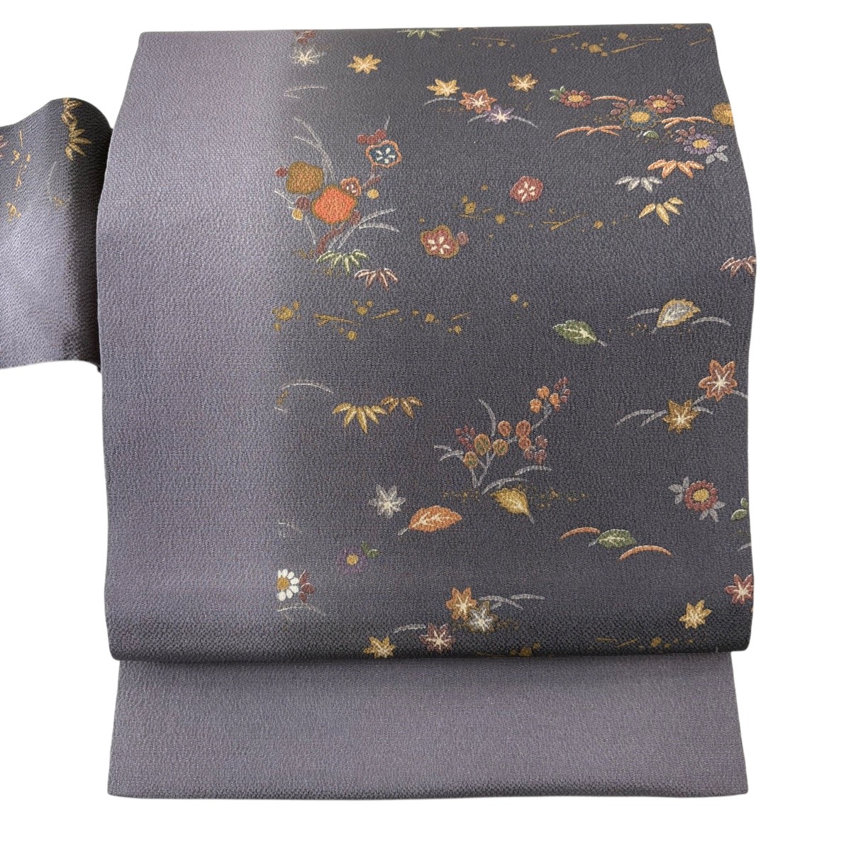 【美品】 名古屋帯 秀品 梅 草花 縮緬 金彩 灰紫 正絹 【中古】