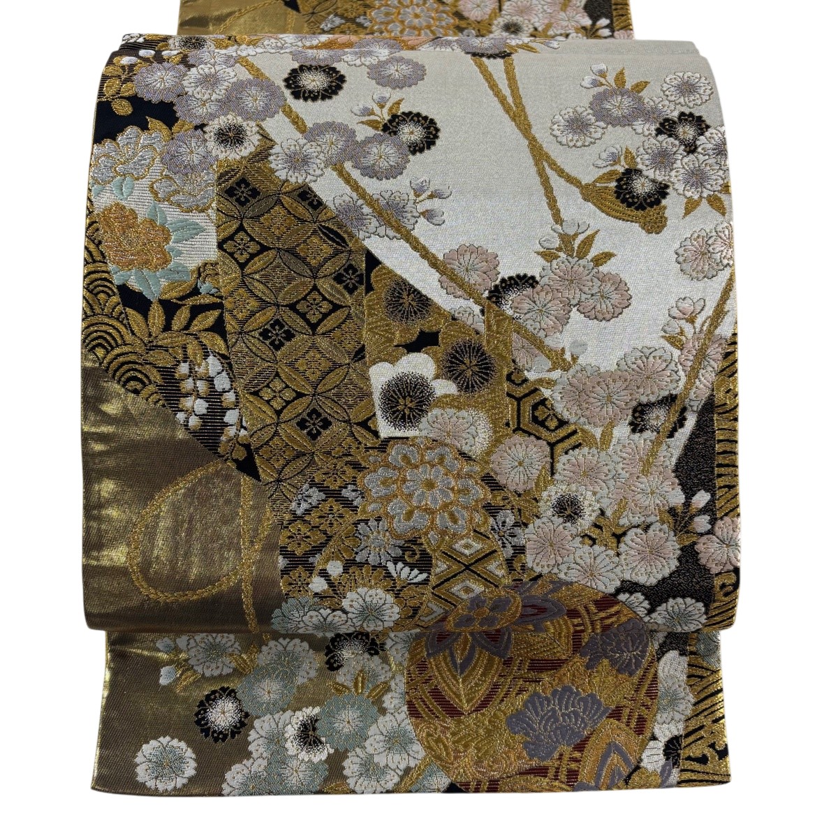 袋帯 秀品 手鞠 桜 金糸 箔 金色 六通 正絹 【中古】