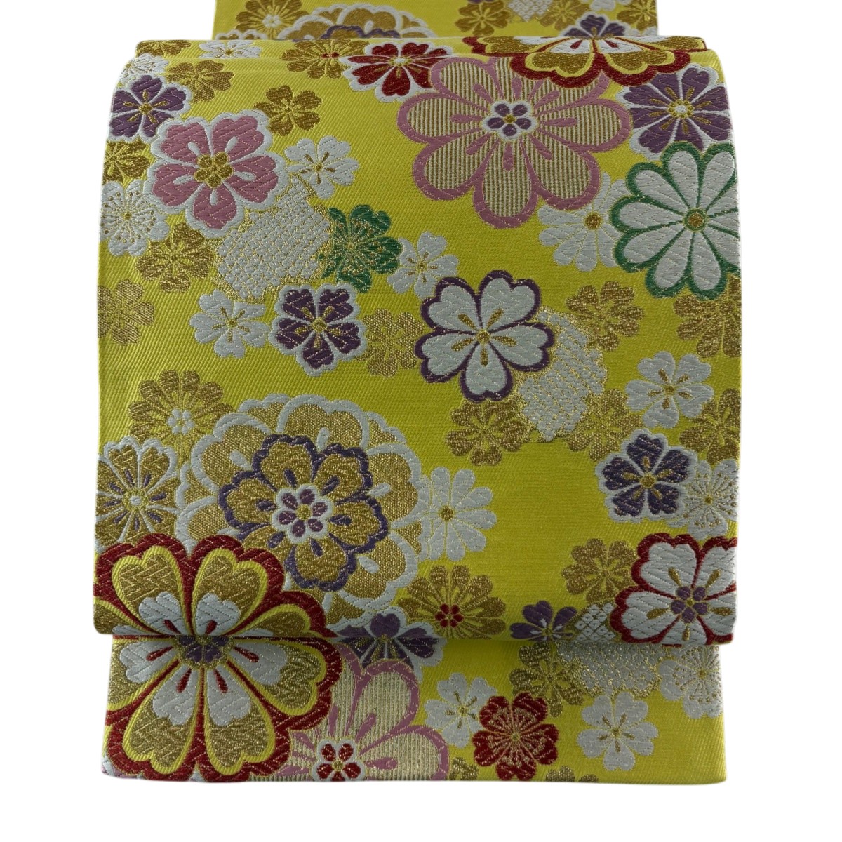 【美品】 袋帯 秀品 花 雪輪 金糸 黄色 六通 正絹 【中古】