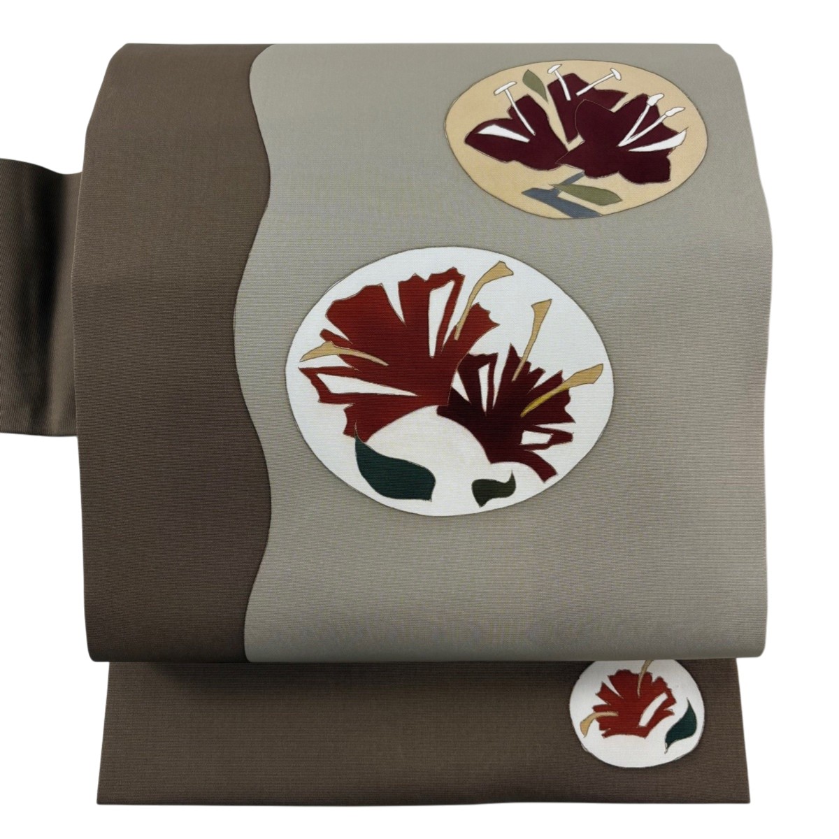 【美品】 名古屋帯 秀品 草花 丸文 金彩 灰茶 正絹 【中古】