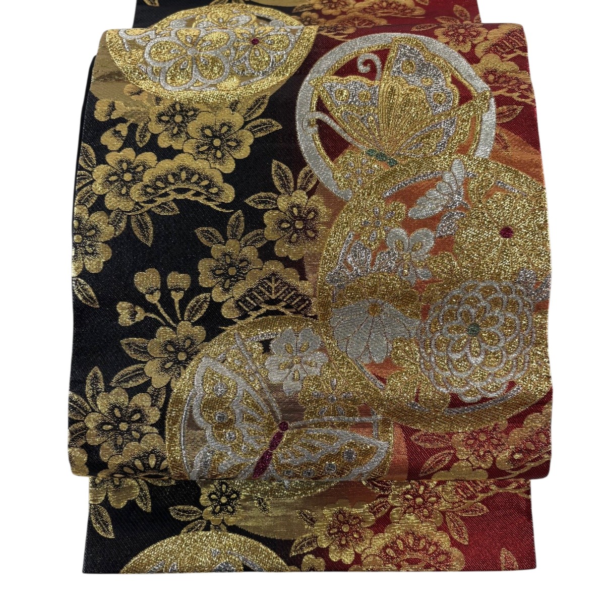 袋帯 秀品 蝶 松梅 箔 赤茶 六通 正絹 【中古】