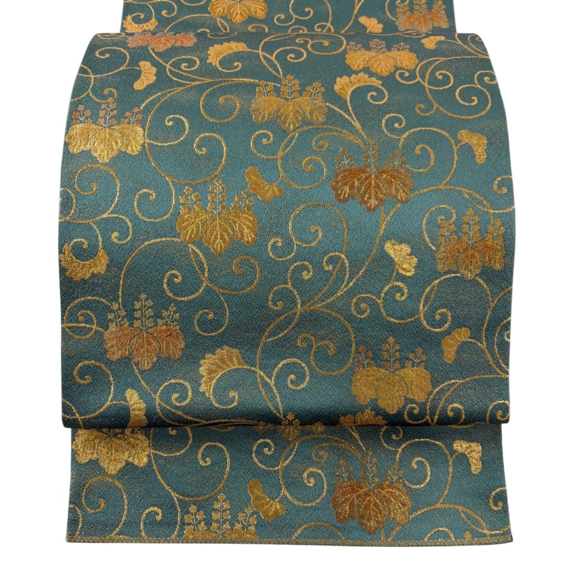 【美品】 袋帯 秀品 桐 唐草 金糸 箔 灰緑 全通 正絹 【中古】