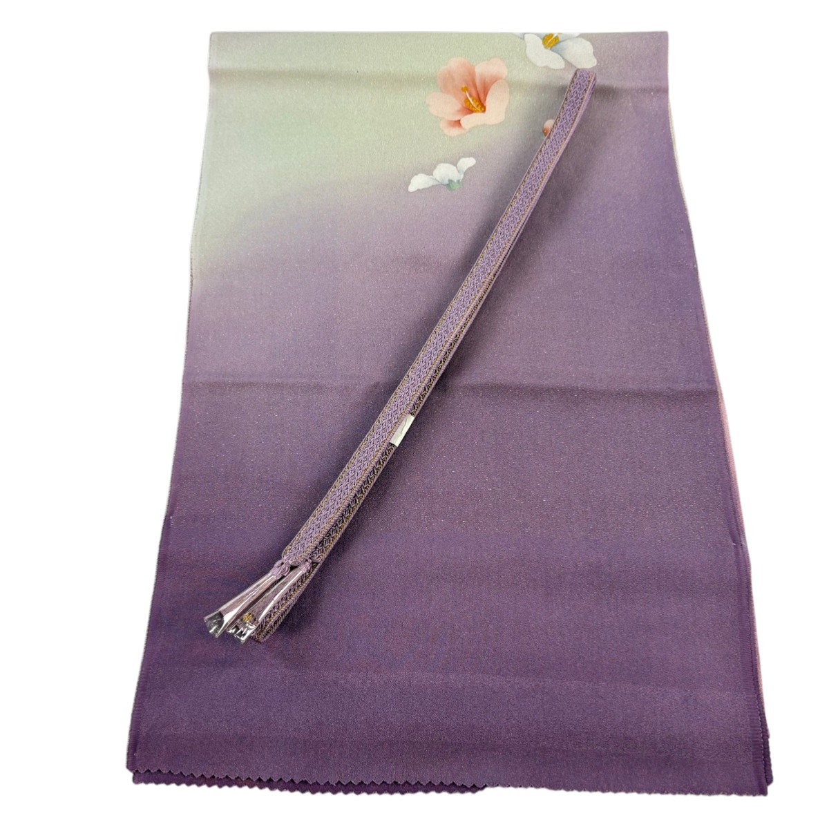 【美品】 和装セット 優品 帯締め帯揚げ2点セット 花 ぼかし 箔 紫 正絹 和装小物 【中古】