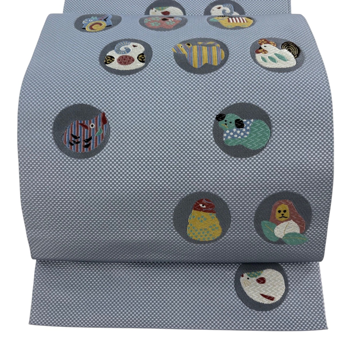 【美品】 袋帯 秀品 松葉仕立て 八寸名古屋帯 十二支 灰紫 正絹 【中古】