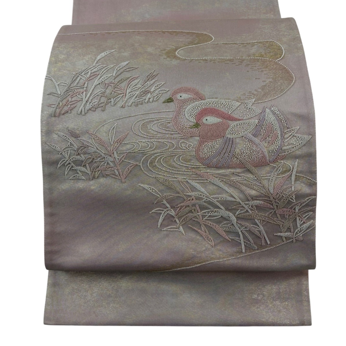 【美品】 袋帯 秀品 鴛鴦 流水 刺繍 金糸 ピンク お太鼓柄 正絹 【中古】