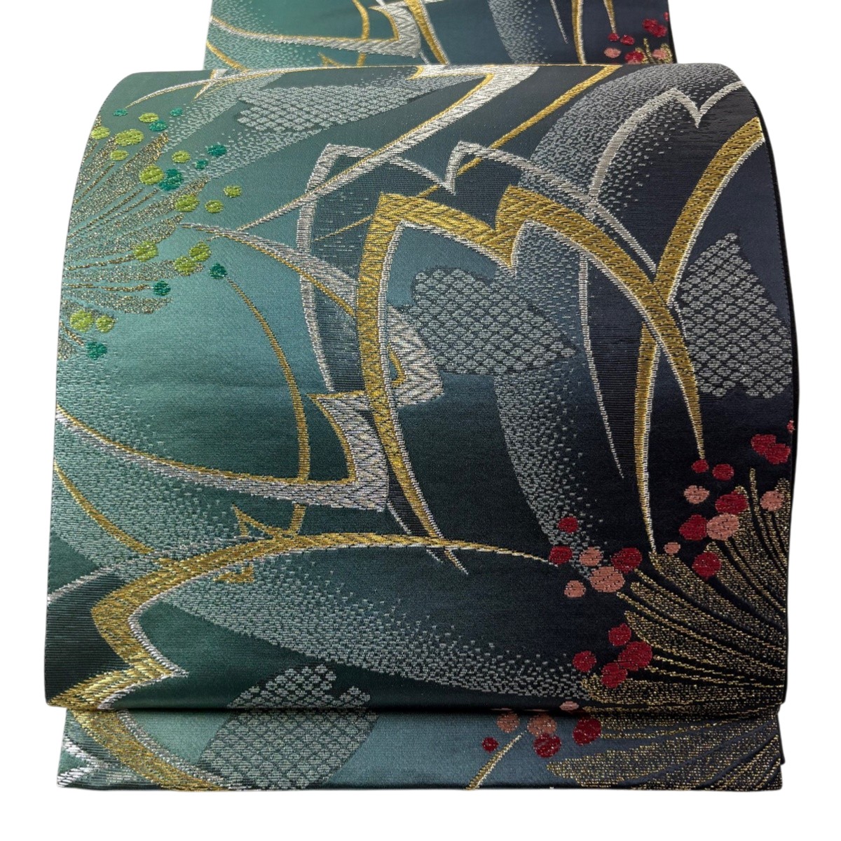 【美品】 袋帯 秀品 桜 金銀糸 箔 深緑 六通 正絹 【中古】
