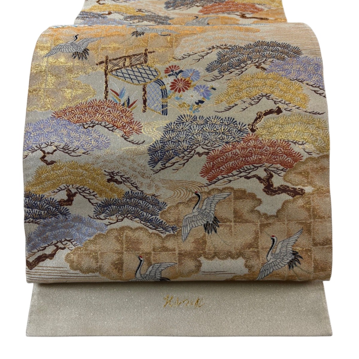 【美品】 袋帯 秀品 鶴 松 箔 ベージュ 六通 正絹 【中古】
