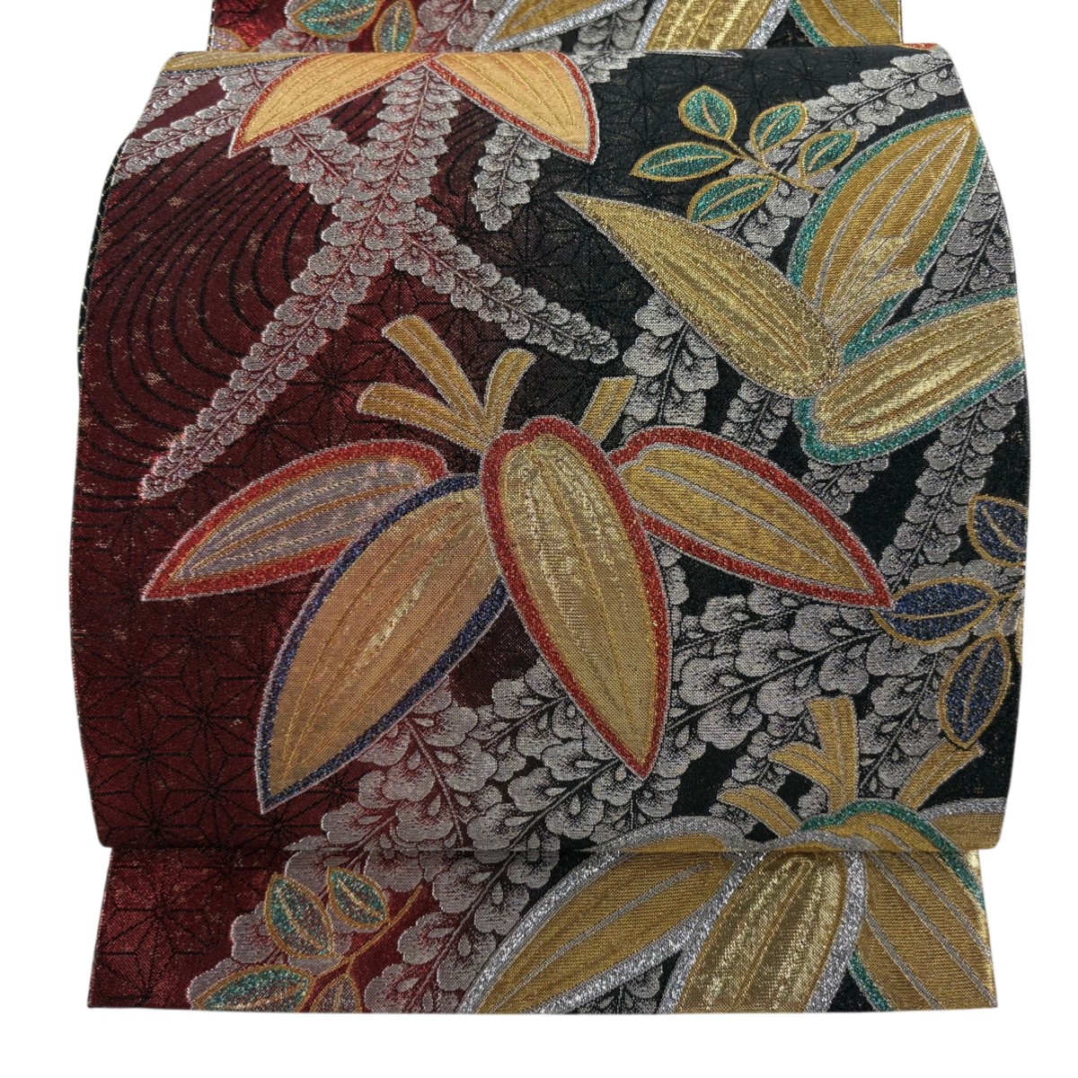 【美品】 袋帯 秀品 振袖向き 笹 麻の葉 金銀糸 箔 赤黒 六通 正絹 【中古】