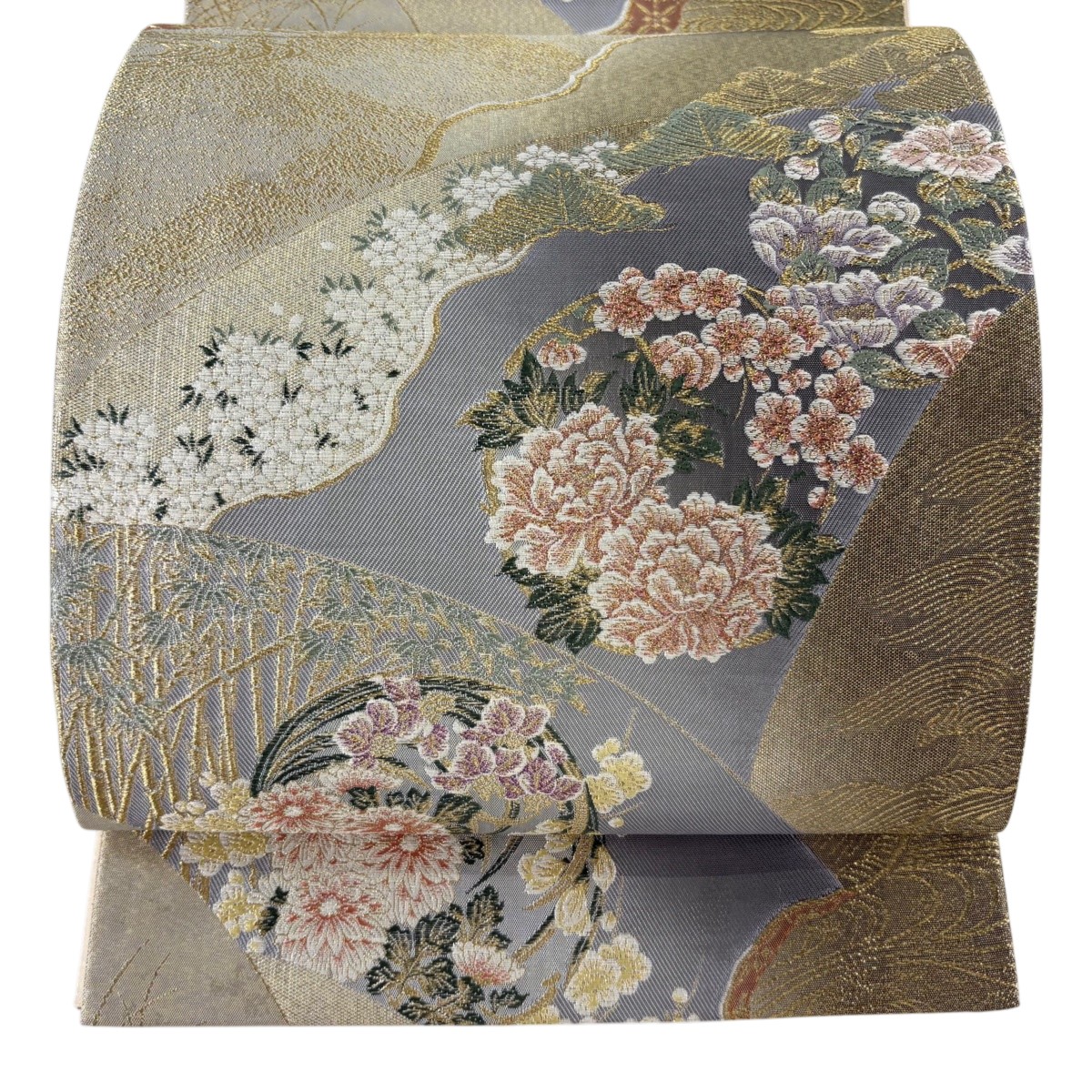 【美品】 袋帯 秀品 花丸文 松竹梅 金糸 箔 灰色 六通 正絹 【中古】 6,952円