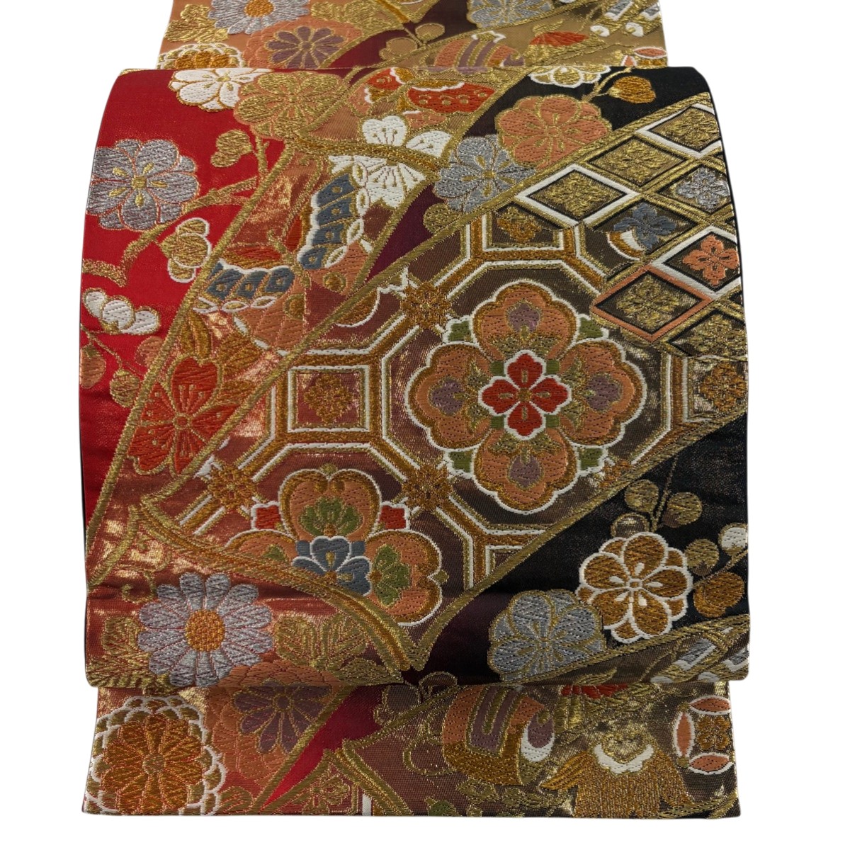 【美品】 袋帯 秀品 振袖向き 竹 梅 金銀糸 箔 赤 六通 正絹 【中古】