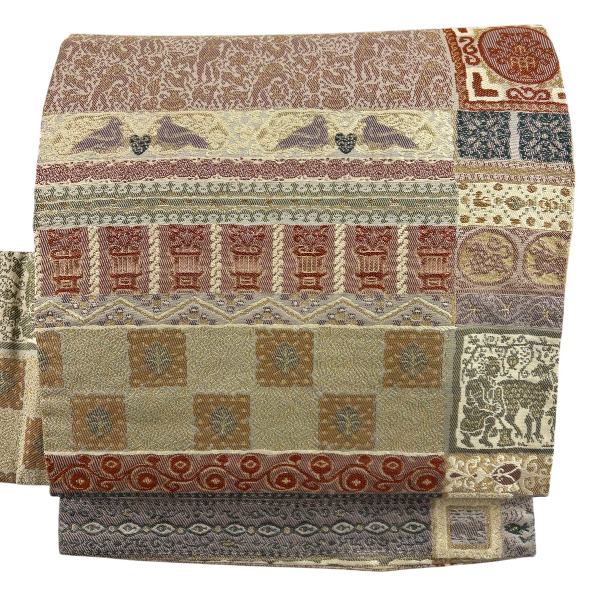名古屋帯 逸品 人物 動物 箔 金糸 ベージュ 正絹 【中古】