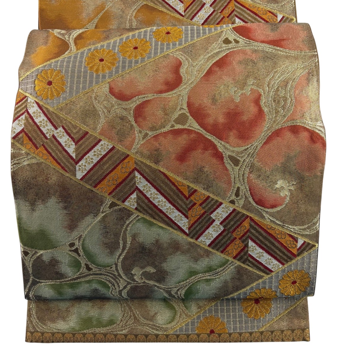 【美品】 袋帯 逸品 北出与三郎 落款あり 本袋 光琳菊流水文錦 箔 金糸 茶色 六通 正絹 【中古】