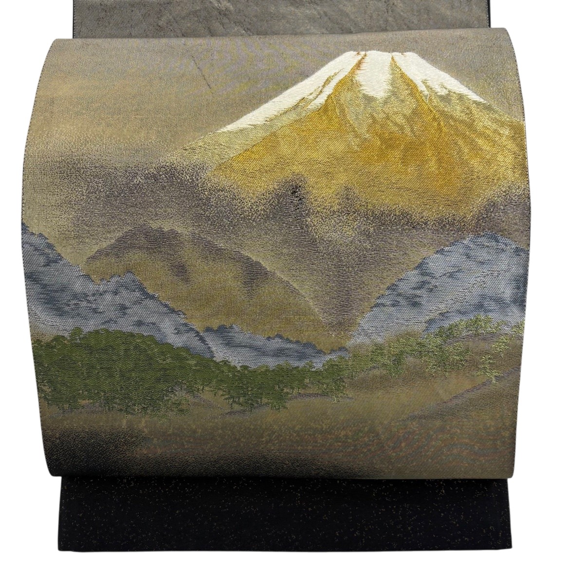 袋帯 逸品 落款あり 横山大観監修 風景 山 金糸 箔 黒 お太鼓柄 正絹 【中古】