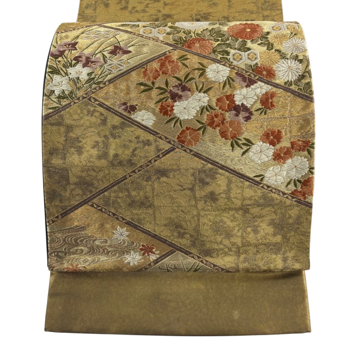 【美品】 袋帯 名品 加納幸 落款あり 証紙あり 草花 流水 金糸 箔 金茶 六通 正絹 【中古】