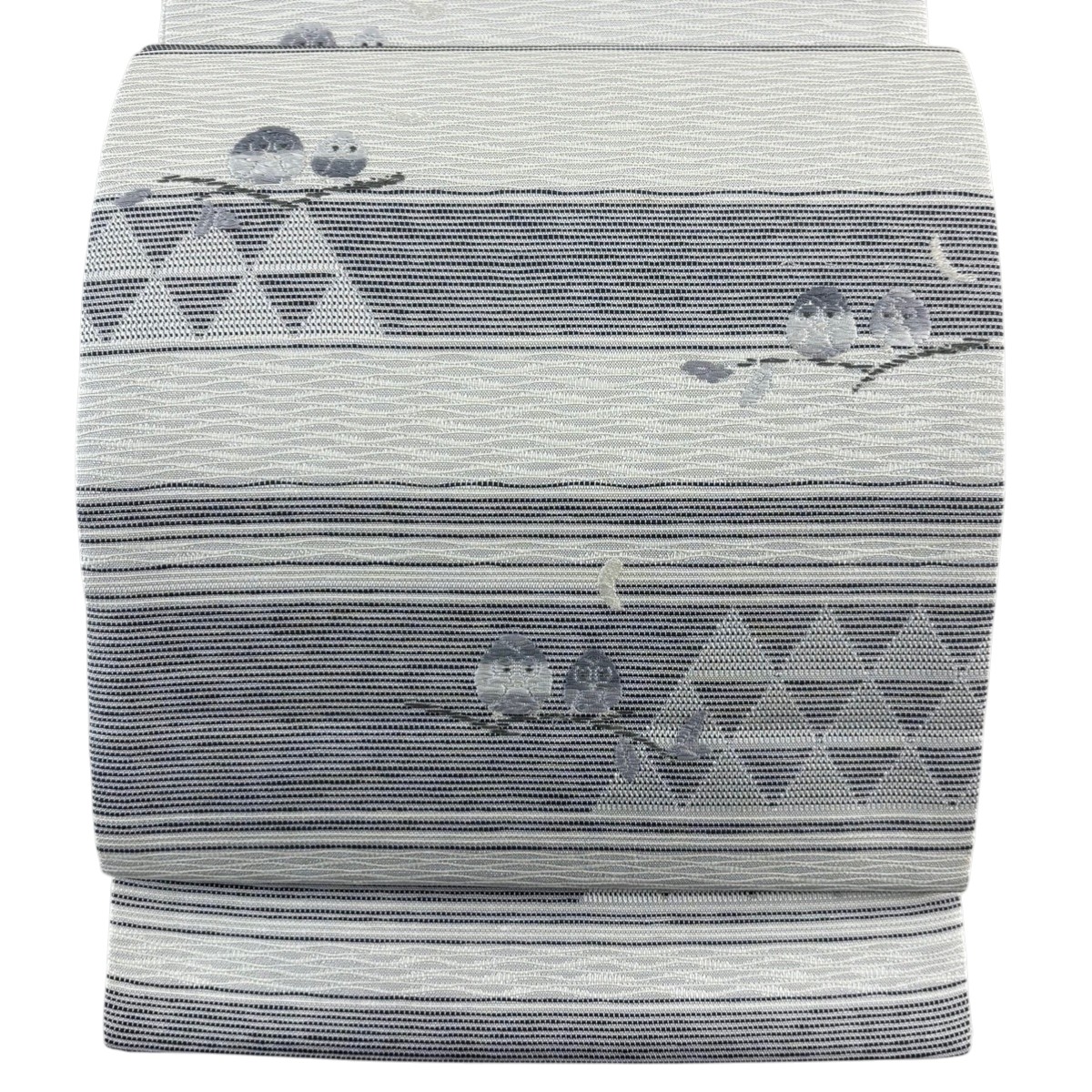 【美品】 開き名古屋帯 逸品 フクロウ 縞 銀糸 灰色 正絹 【中古】