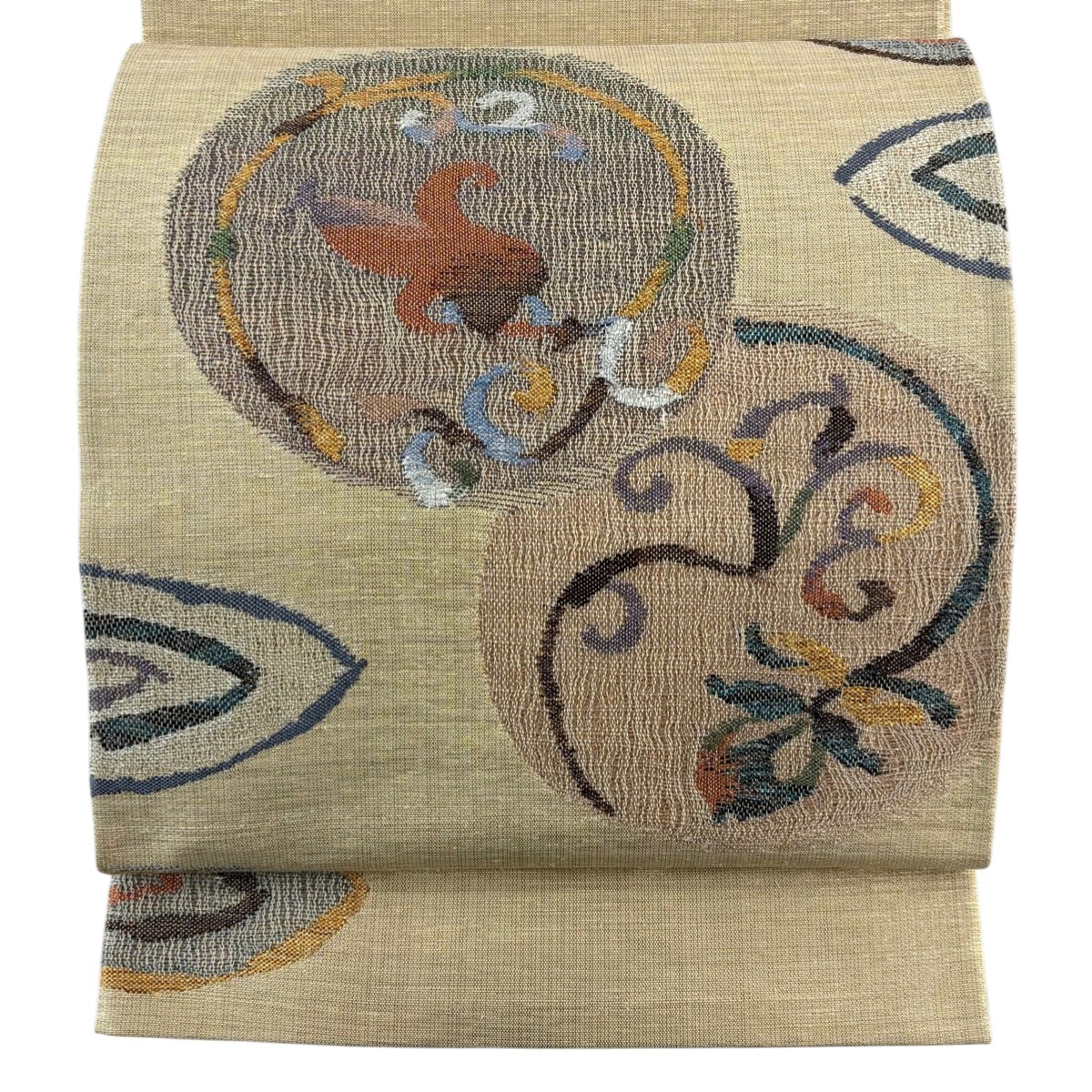 【在庫一掃】 袋帯 逸品 花唐草 幾何学模様 箔 金色 お太鼓柄 正絹 【中古】|バイセル 店