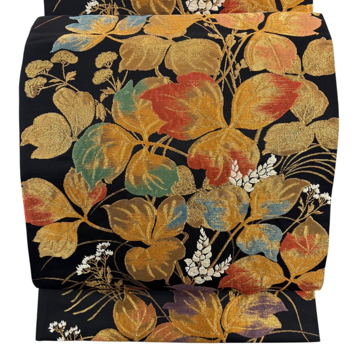 【美品】 袋帯 逸品 中村乃武夫 落款あり やまと 葉柄 草花 金糸 刺繍 黒 六通 正絹 【中古】