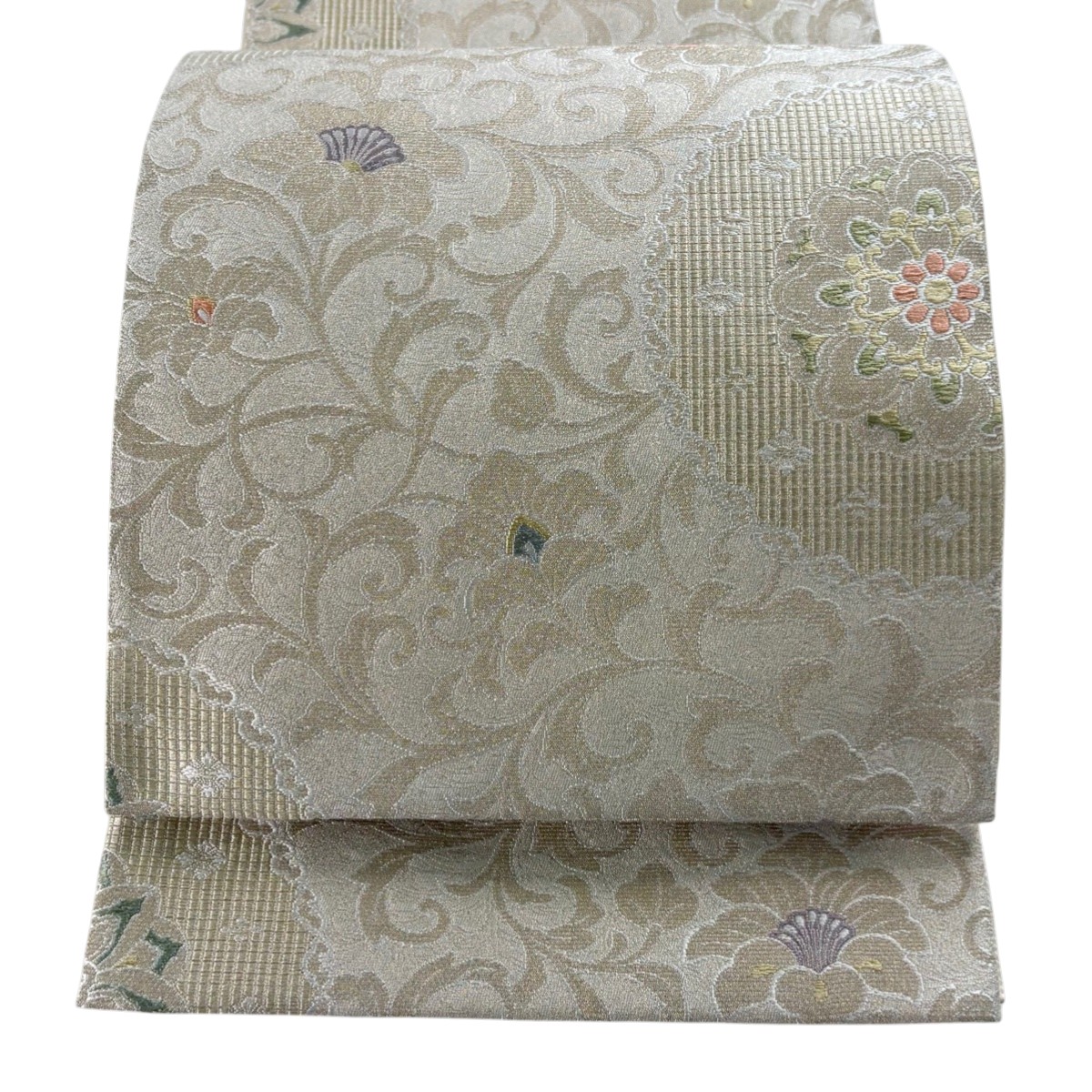 【美品】 袋帯 逸品 落款あり 華文 花唐草 金糸 刺繍 灰茶 六通 正絹 【中古】