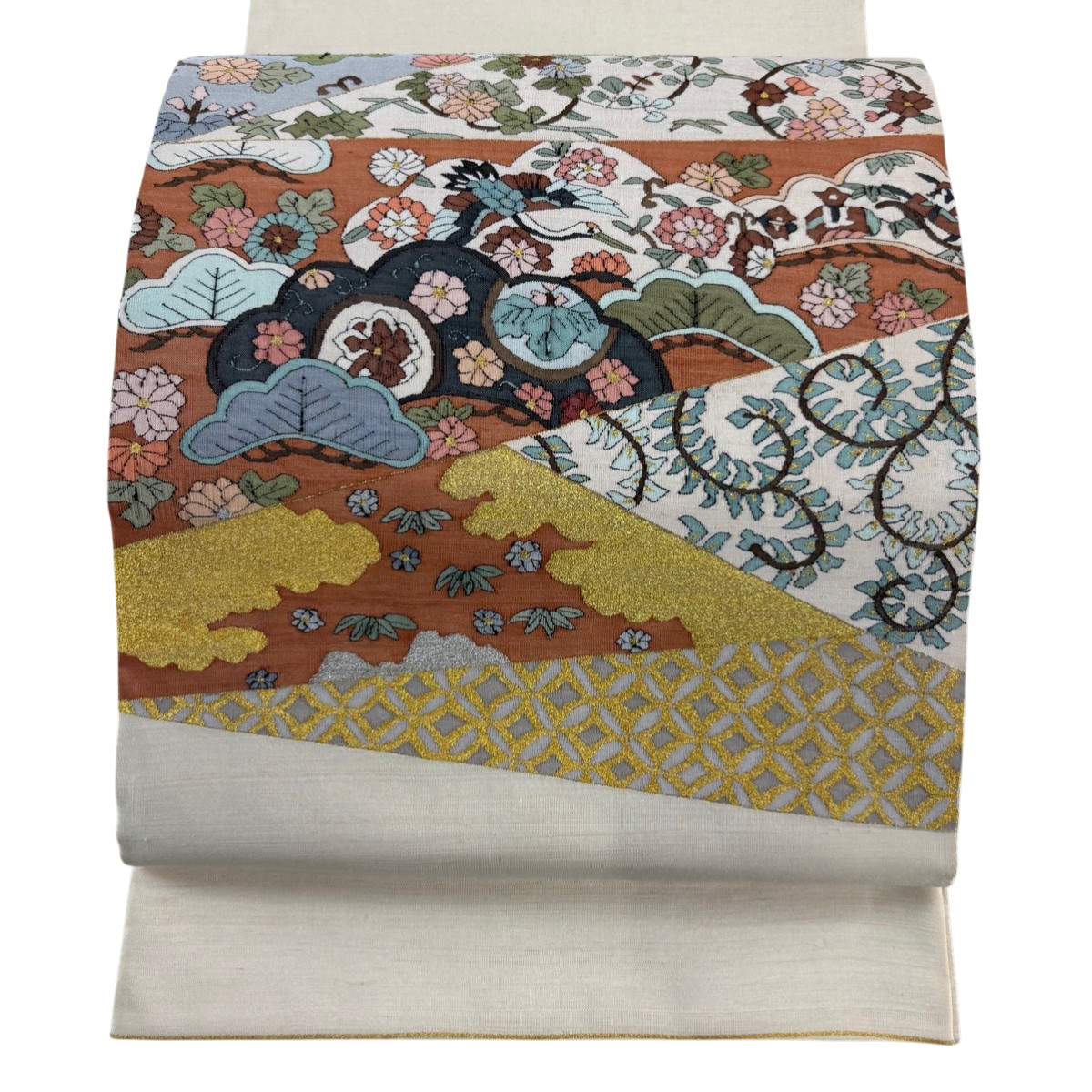 袋帯 名品 松 草花 金糸 ベージュ お太鼓柄 正絹 【中古】