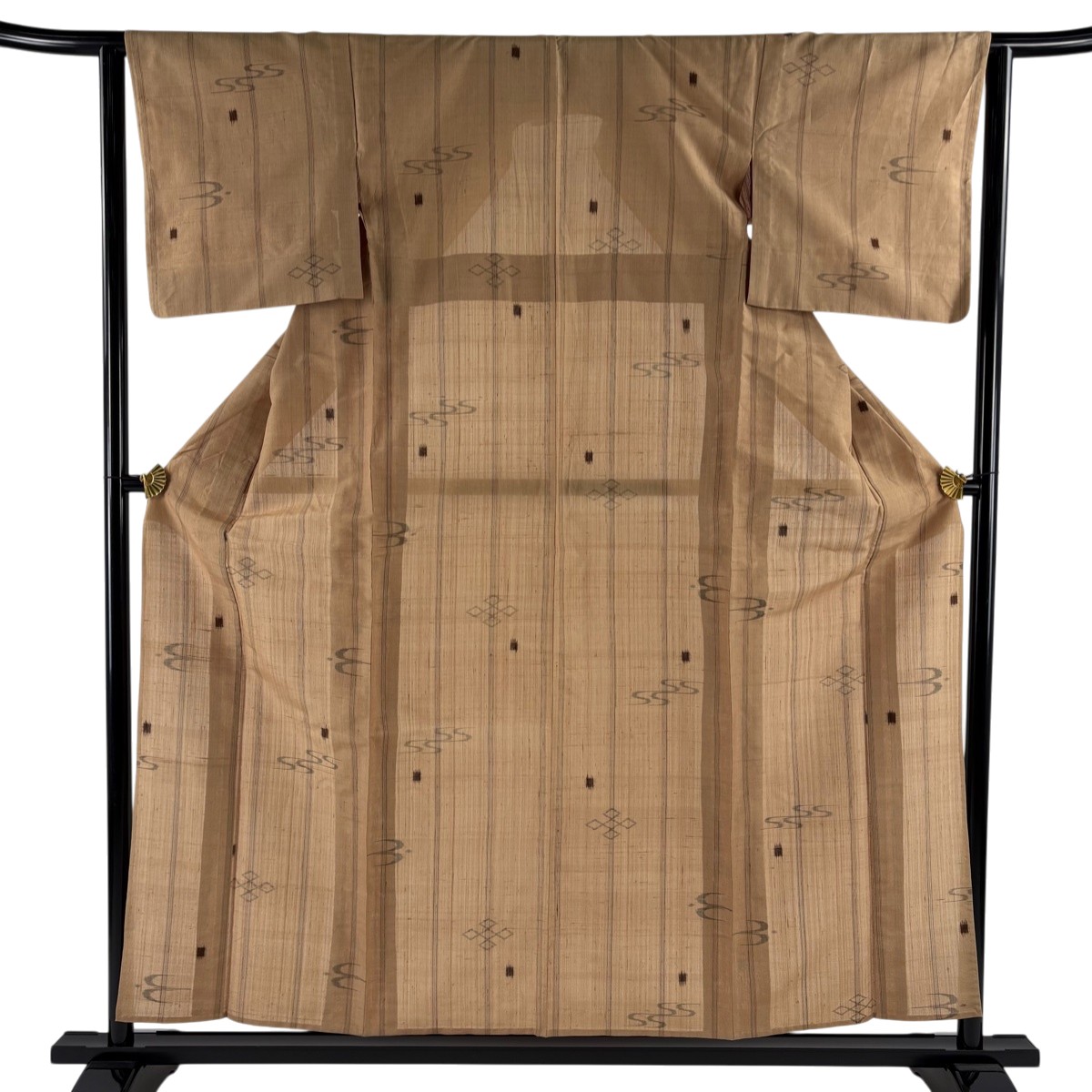 紬 身丈157.5cm 裄丈63cm S 薄物 夏紬 燕 縦縞 薄茶色 正絹 秀品 【中古】