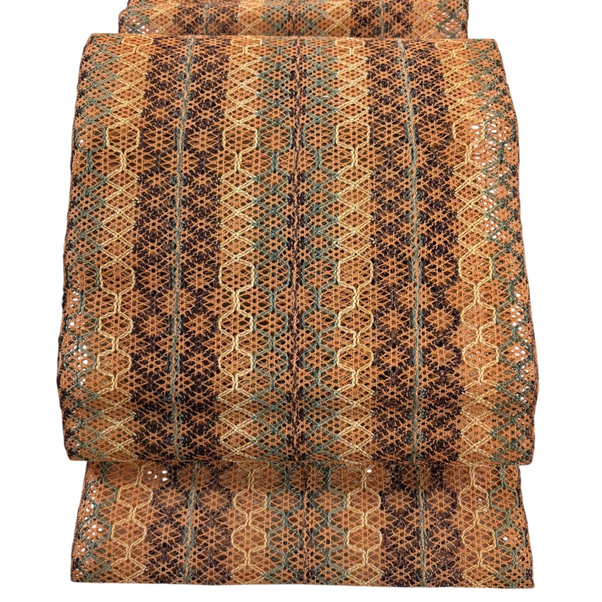 【美品】 名古屋帯 秀品 夏帯 羅 八寸名古屋帯 幾何学模様 縞 オレンジ 正絹 【中古】