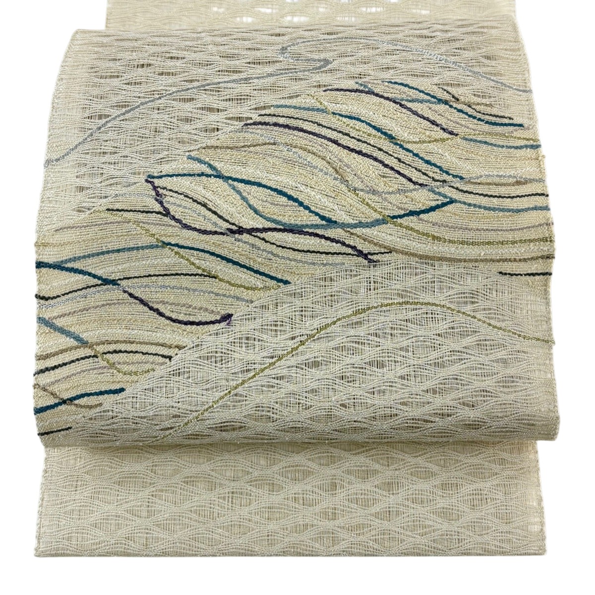 【美品】 名古屋帯 秀品 夏帯 波 金銀糸 クリーム 正絹 【中古】