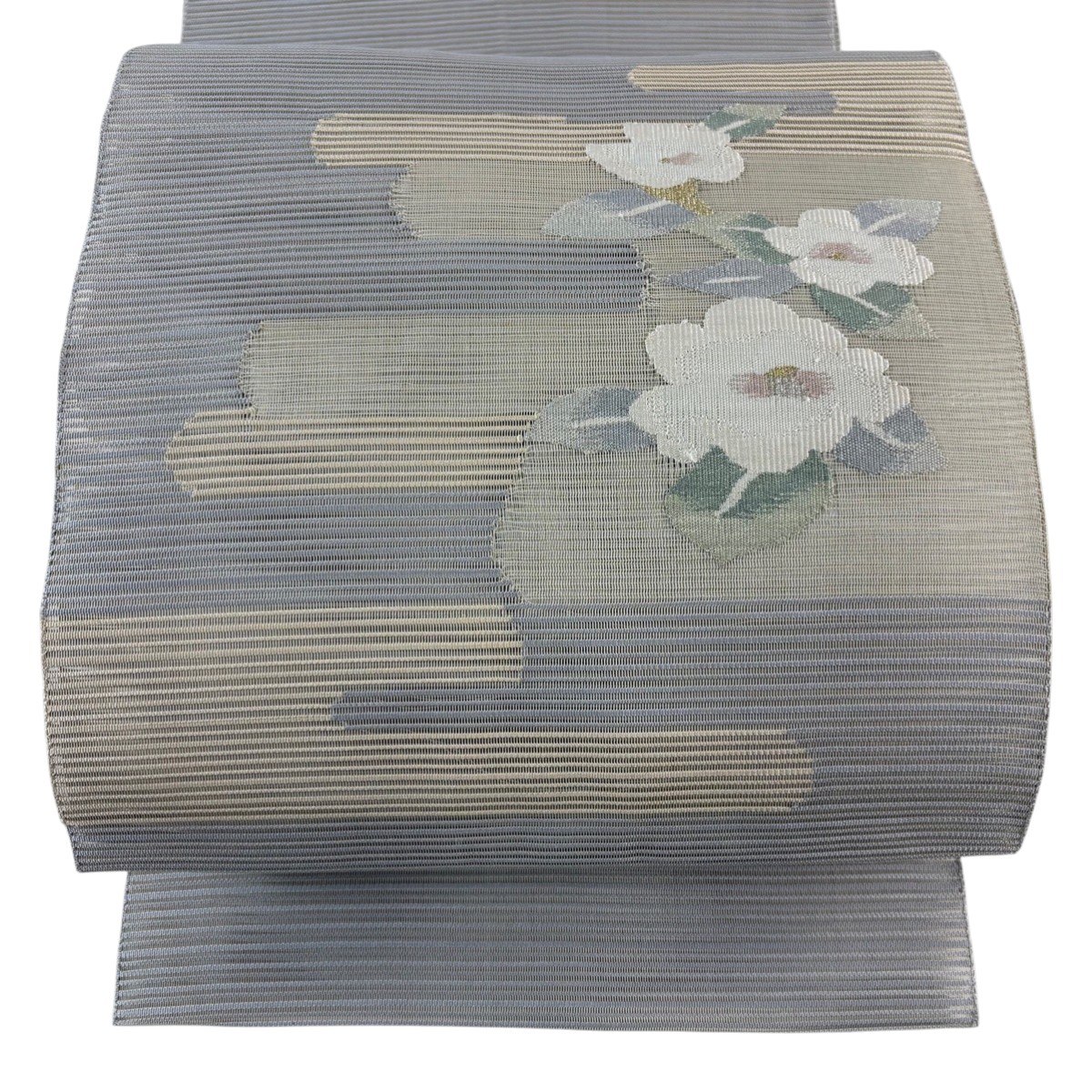 名古屋帯 秀品 夏帯 絽 八寸名古屋帯 松葉仕立て ヱ霞 草花 金銀糸 灰色 正絹 【中古】
